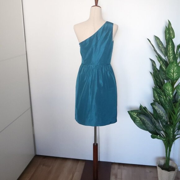 J. Crew Turquoise 100% Silk One Shoulder Sleeveless Pencil Mini Dress Size 4 - Picture 6 of 8
